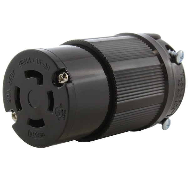 Locking Connector, L15-30R, 30 A, 250V AC, Three Phase, Black
